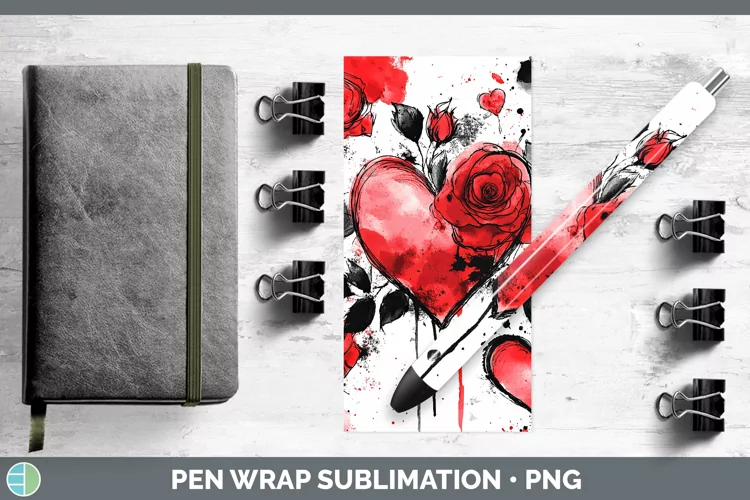 Splash Valentine Red Hearts Flowers Pen Wrap Sublimation Pen