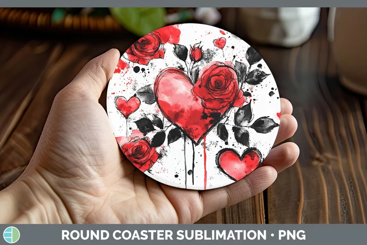 Splash Valentine Red Hearts Flowers Round Coaster Sublimatio