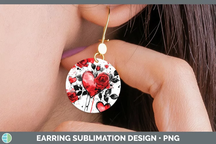 Splash Valentine Red Hearts Flowers Round Earrings Sublimati