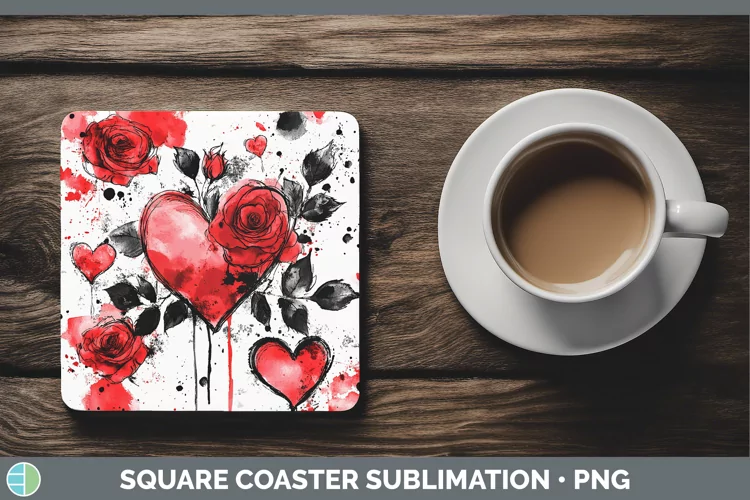Splash Valentine Red Hearts Flowers Square Coaster Sublimati