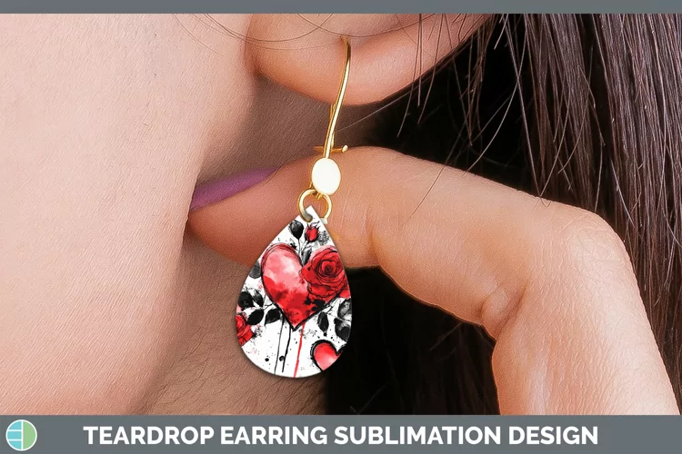 Splash Valentine Red Hearts Flowers Teardrop Earrings Sublim