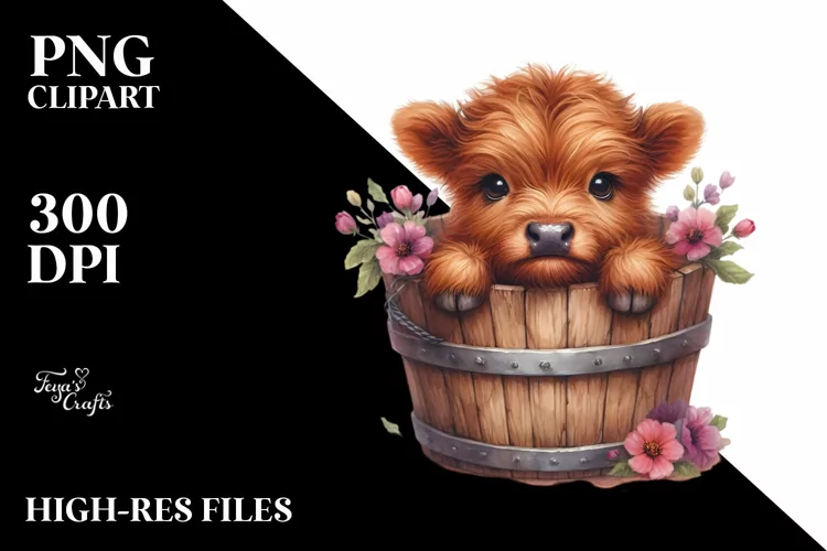 Cute Baby Highland Cow, Watercolor PNG