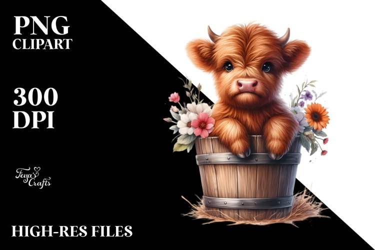 Cute Baby Highland Cow Wood Bucket Flowers PNG
