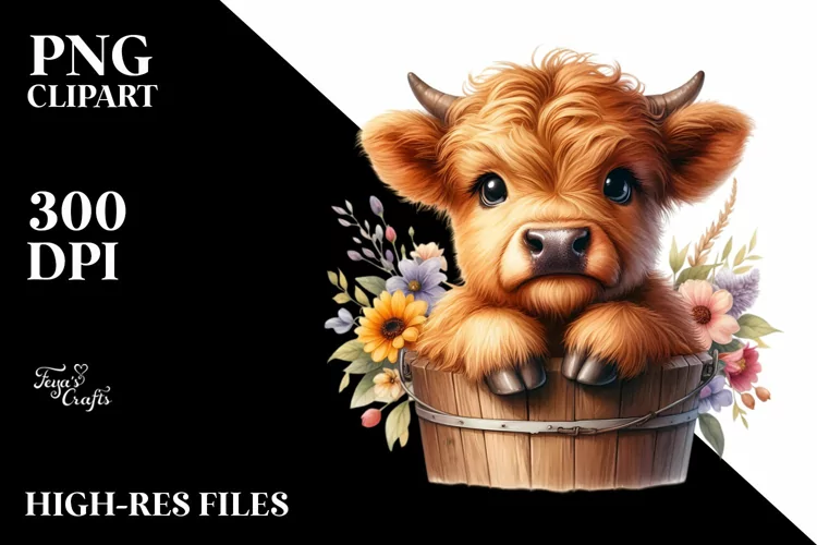 Highland Cow From Wood Bucket PNG