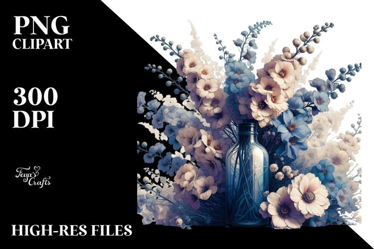 Detailed Bottle Filled with Large Delphinium | Sublimation | example image 1