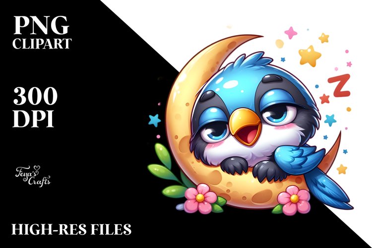 Napping Baby Magpie on Moon Clipart