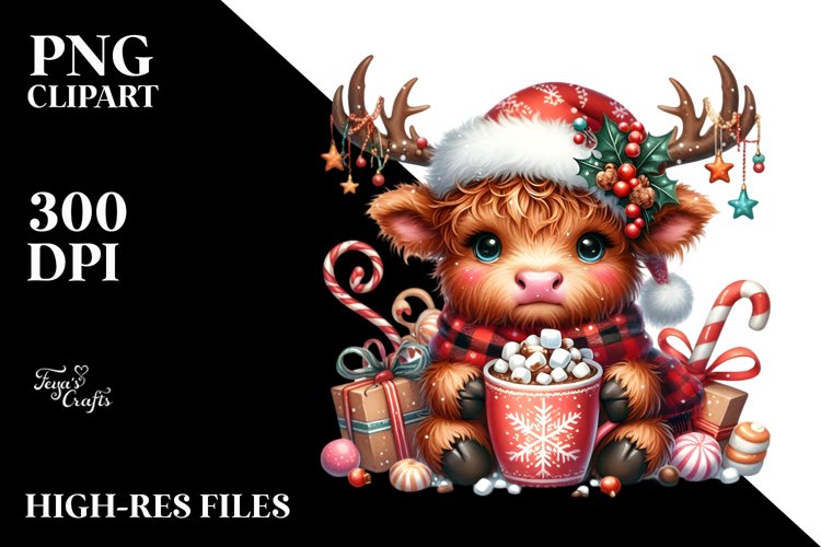 Cute Highland Cow with Christmas Enjoyment, High-Quality PNG