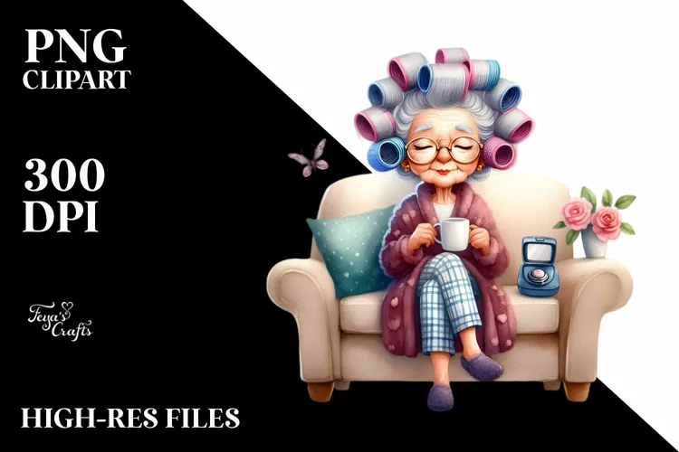 Old Lady Sitting on Sofa with Hair Curlers | Sublimation