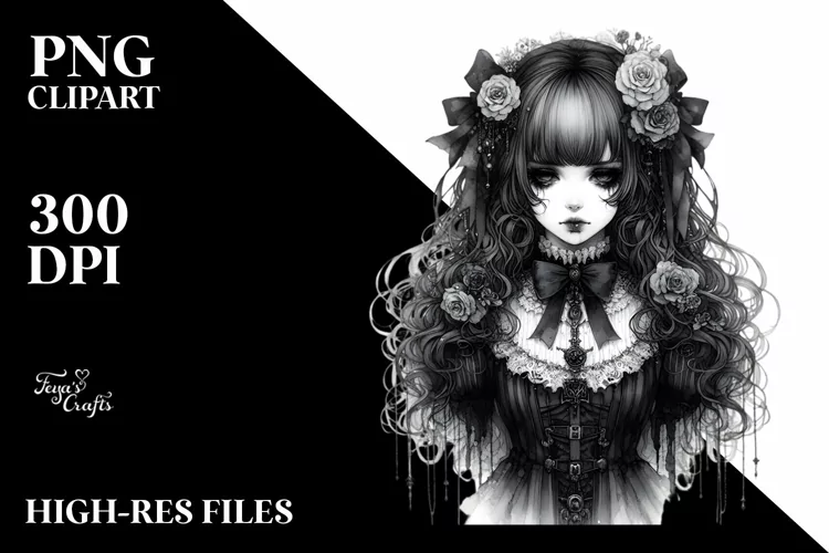 Detailed Watercolor Gothic Girl PNG