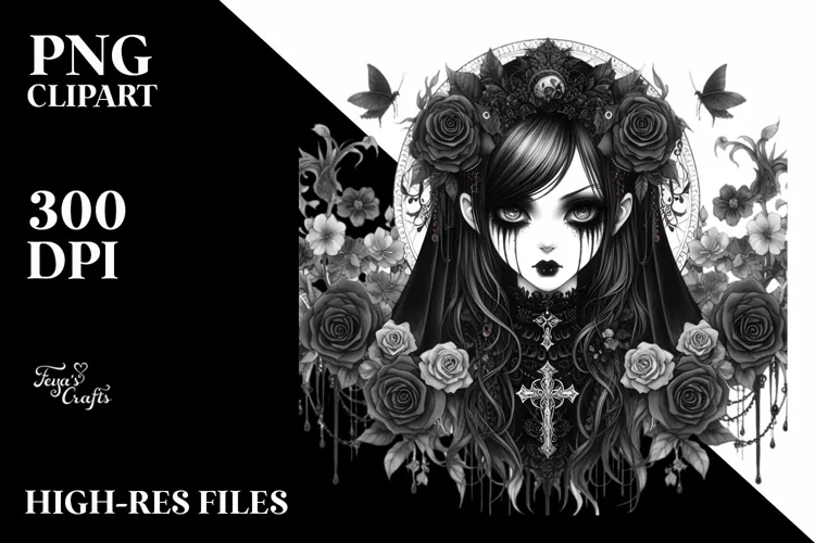 Detailed Watercolor Gothic Girl PNG