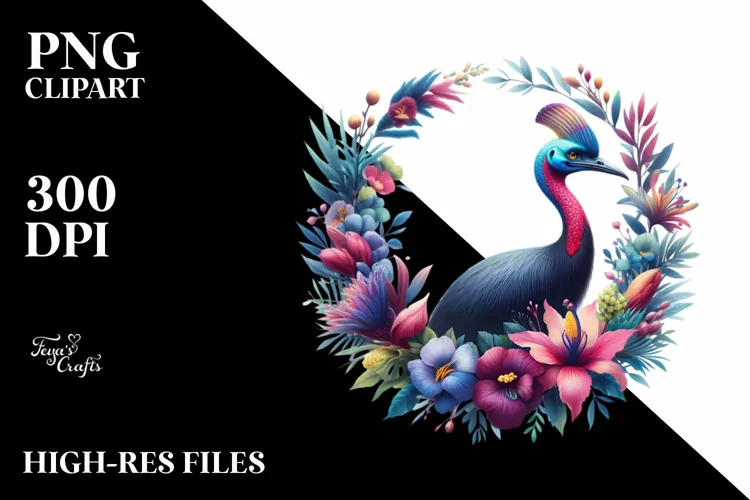 Vibrant Watercolor Cassowary Floral Frame | Sublimation |