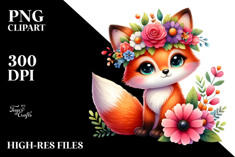 Cute Fox Sitting on Flower | Clipart example image 1