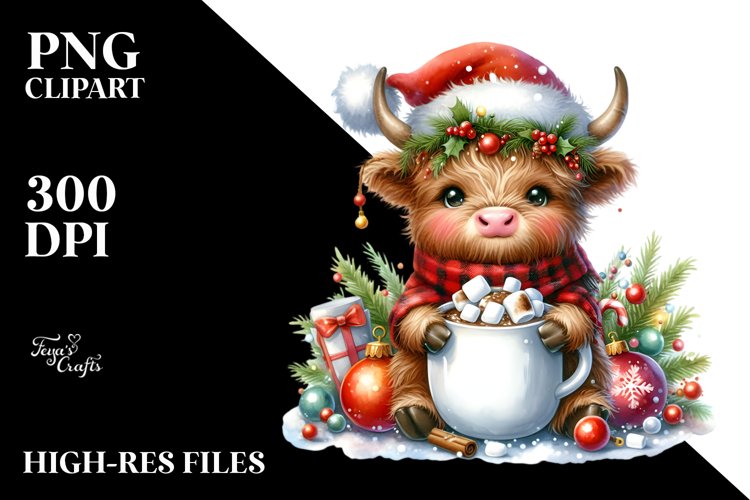 Cute Highland Cow Christmas PNG