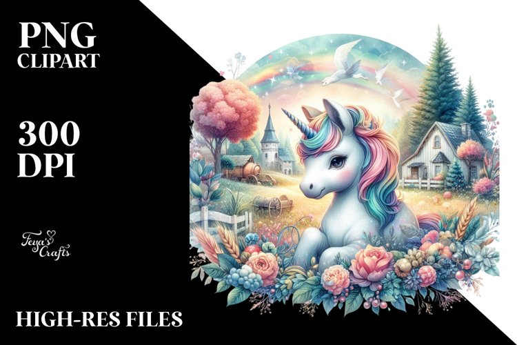 Colorful Baby Unicorn with Country Scene PNG