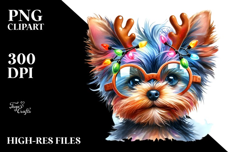 Baby Yorkshire Terrier with Reindeer Horns, High-Res PNG example image 1