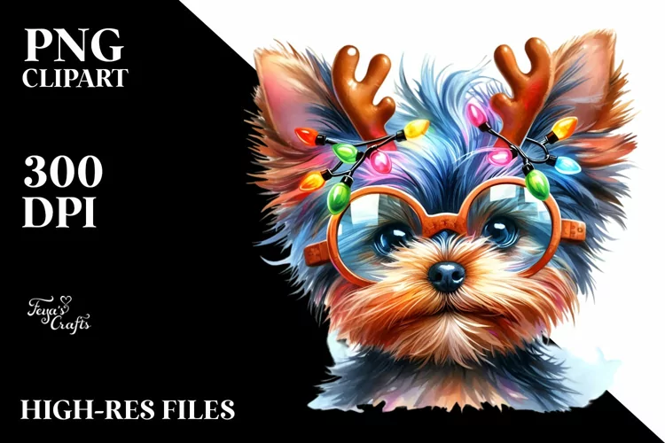 Baby Yorkshire Terrier with Reindeer Horns, High-Res PNG