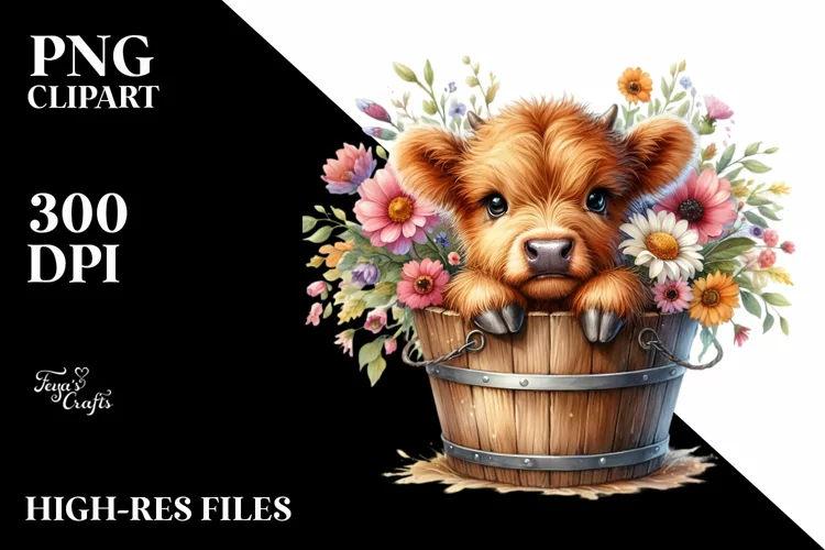 Cute Baby Highland Cow, Watercolor PNG