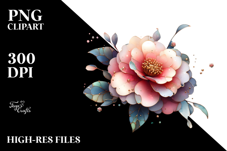 Vibrant Camellia with Metallic Accents PNG