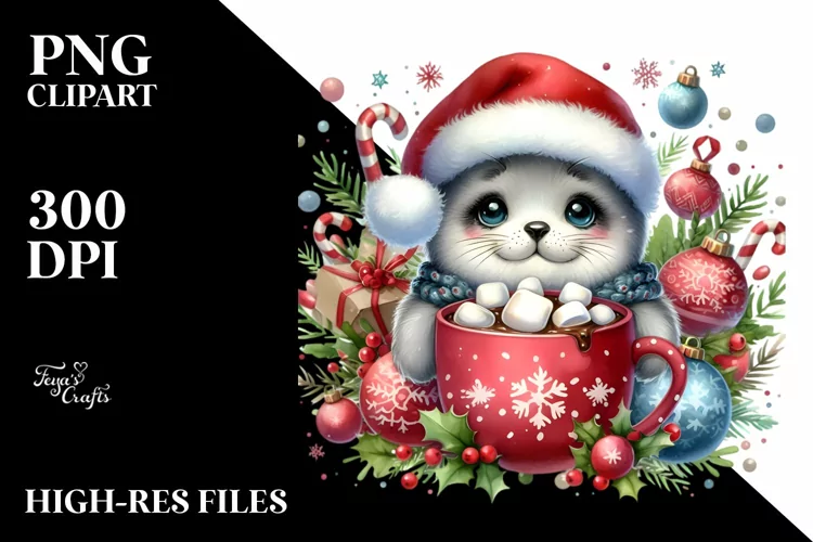 Cute Seal with Christmas Ornaments PNG