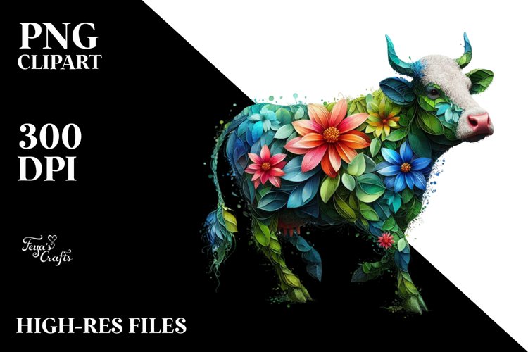 Vibrant Abstract Flower Cow PNG