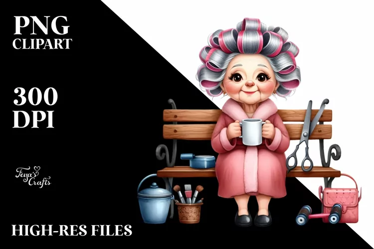 Old Lady Sitting on Bench with Hair Curlers | Sublimation