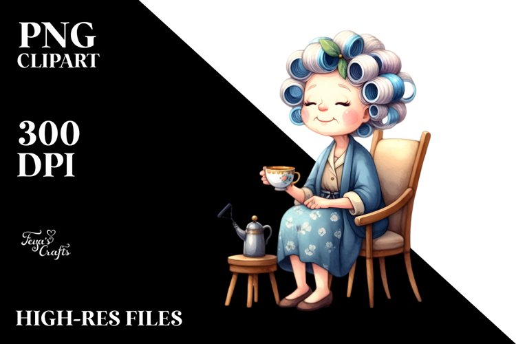 Old Lady Sitting on Chair with Hair Curlers | Sublimation