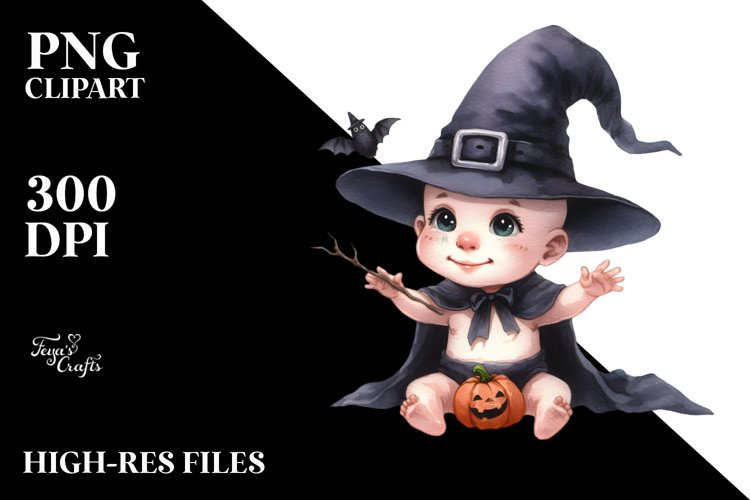 Funny Watercolor Baby Witch Halloween | Sublimation Clipart example image 1