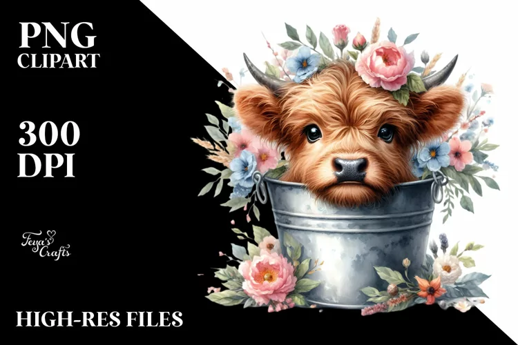 Cute Baby Highland Cow, Watercolor PNG