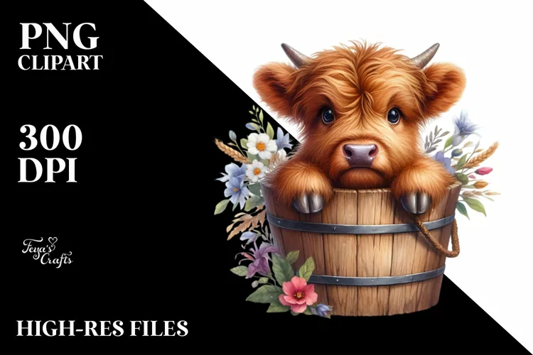 Cute Highland Cow in Wood Bucket,Watercolor PNG