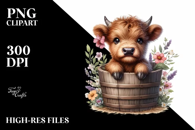 Cute Highland Cow in Wood Bucket,Watercolor PNG