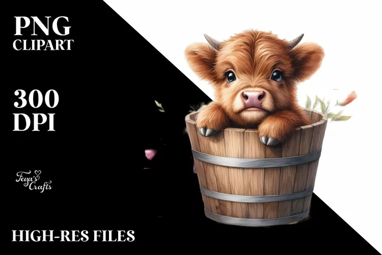 Cute Highland Cow in Wood Bucket,Watercolor PNG