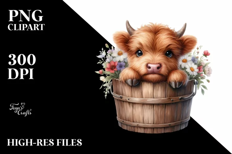 Cute Highland Cow in Wood Bucket,Watercolor PNG