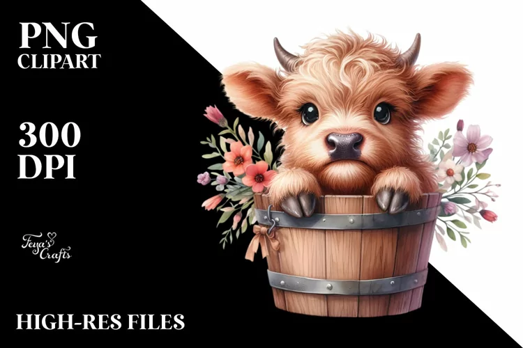 Cute Highland Cow in Wood Bucket,Watercolor PNG