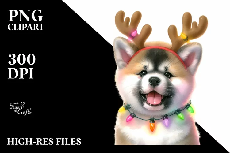 Expressive Akita with Christmas Lights, PNG