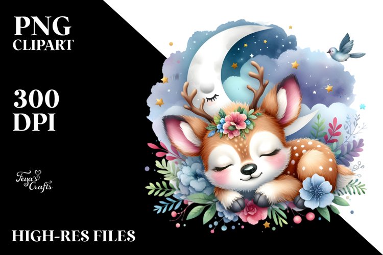 Colorful Baby Deer Sleeping on Moon | Sublimation Clipart example image 1