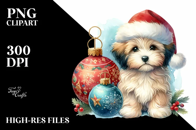 A Cute Watercolor Havanese with Christmas Globes, White