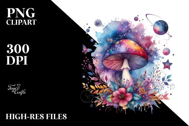 Colorful Magical Celestial Mushroom | Watercolor Clipart