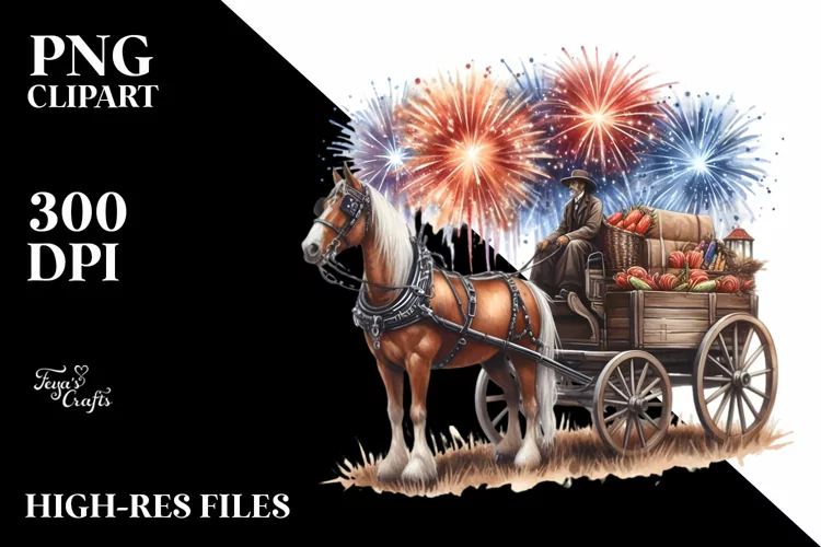 Vintage Fireworks Horse Wagon | Watercolor Clipart
