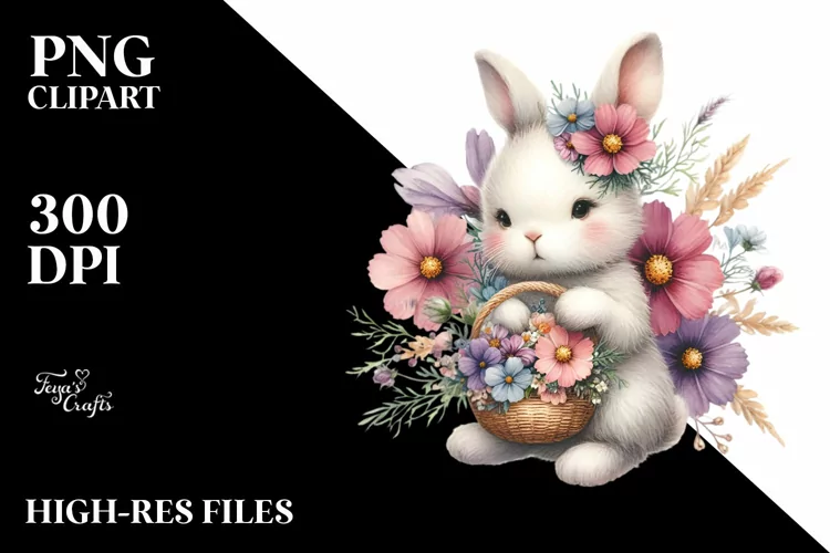 Detailed Watercolor Baby Bunny with Cosmos | Sublimation |