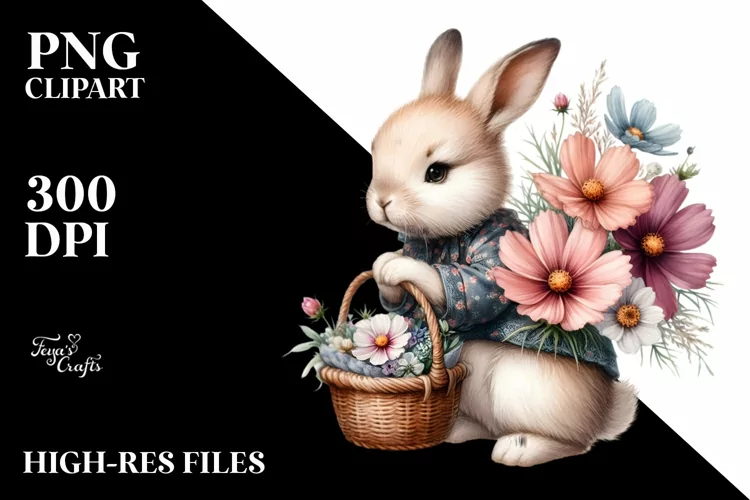 Detailed Watercolor Baby Bunny with Cosmos | Sublimation |