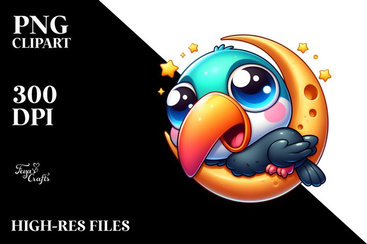 Colorful Cartoon Baby Toucan on Moon | Sublimation | Clipart