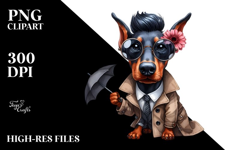Confused Doberman Pinscher Caricature-Like with Raincoat example image 1