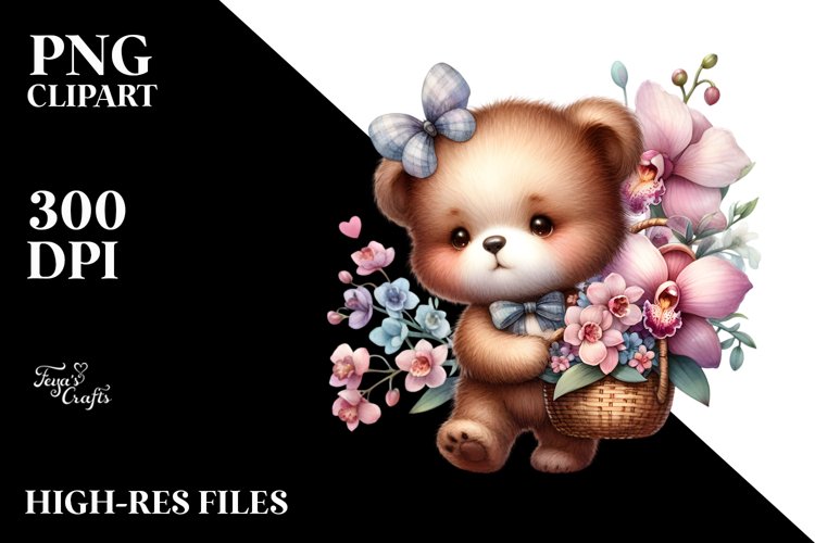 Detailed Baby Bear with Flowers | Sublimation | Clipart example image 1