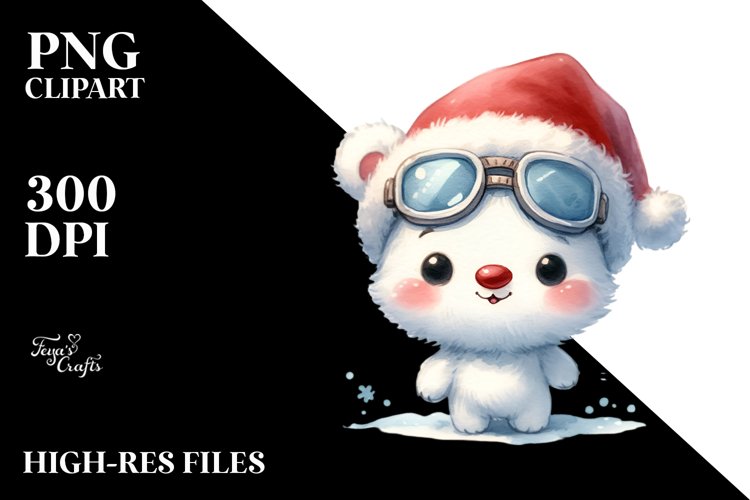 a Baby Polar Bear with Santa Hat and Sky Goggles PNG
