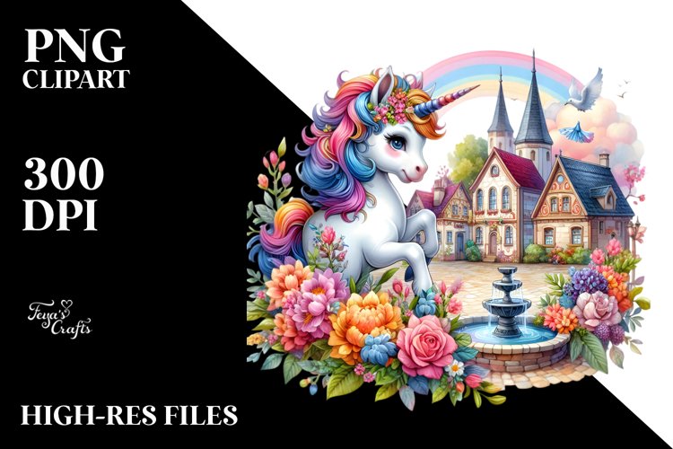 Colorful Baby Unicorn with Village Square PNG