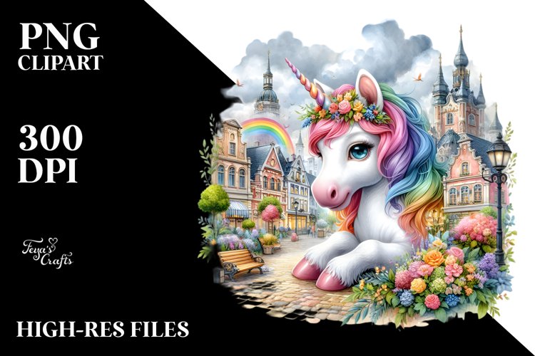 Colorful Baby Unicorn with Village Square PNG