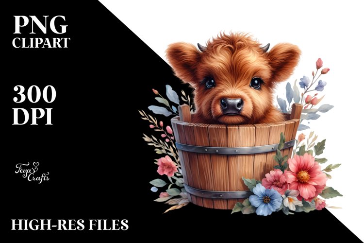 Highland Cow in Wooden Bucket, Transparent PNG