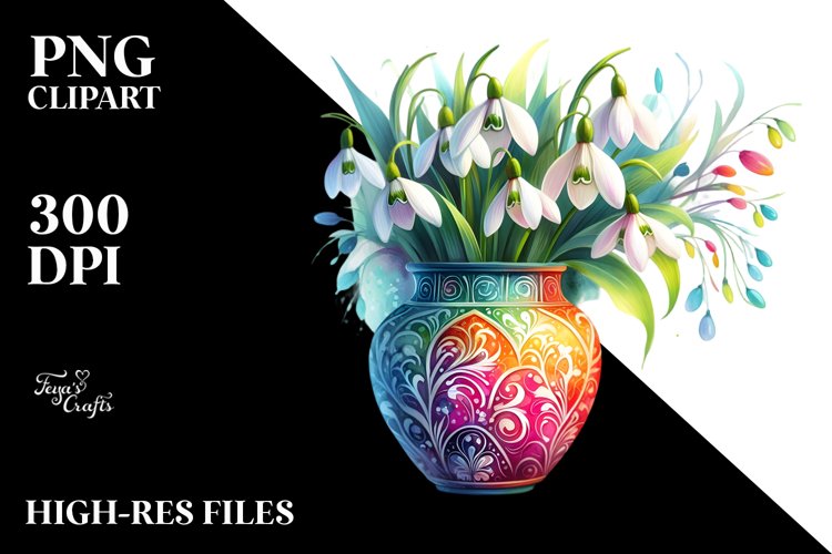 Vibrant Watercolor Vase with Snowdrop Clipart example image 1
