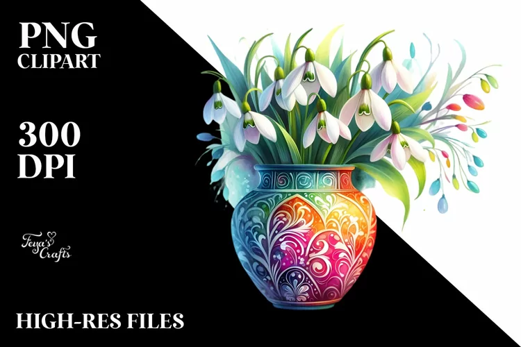 Vibrant Watercolor Vase with Snowdrop Clipart