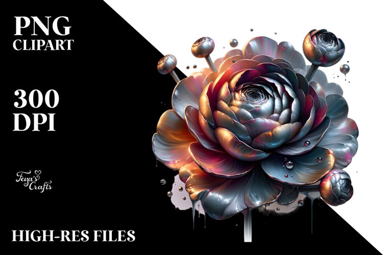 Glossy Ranunculus Shiny Metallic Watercolor | Sublimation | example image 1